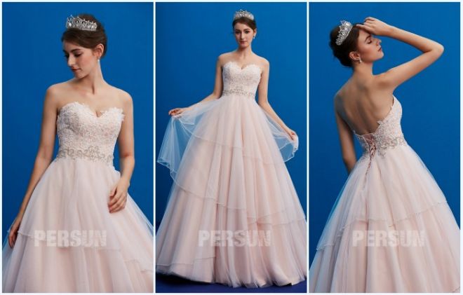 robe de mariée rose romantique bustier coeur appliqué de dentelle 2019
