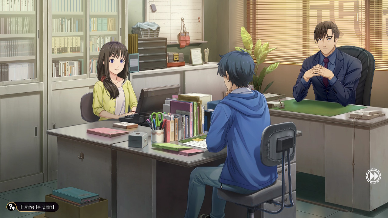 Emio (Famicom Detective Club) : Le protagoniste, Ayumi et le détective Utsugi dans le bureau de l'agence Emio (Famicom Detective Club) : Le protagoniste, Ayumi et le détective Utsugi dans le bureau de l'agence