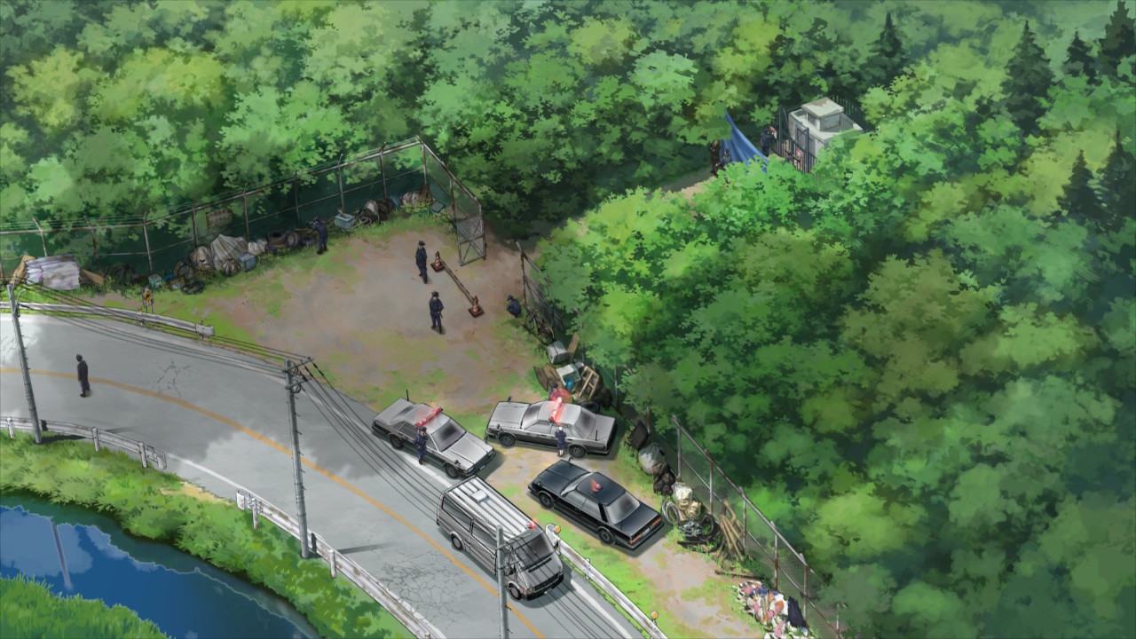 Vue du ciel de la scène de crime au début du jeu vidéo Emio - L'Homme au sourire. Vue du ciel de la scène de crime au début du jeu vidéo Emio - L'Homme au sourire.