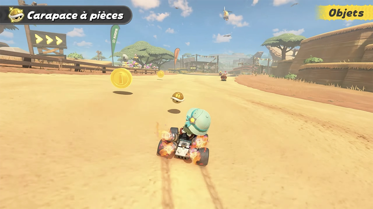 La carapace à pièces fait apparaître des pièces sur la piste dans Mario Kart World. La carapace à pièces fait apparaître des pièces sur la piste dans Mario Kart World.