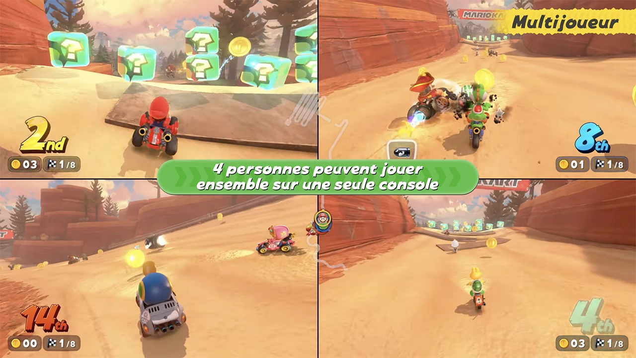 Aperçu de l'écran scindé à quatre joueurs en local dans Mario Kart World. Aperçu de l'écran scindé à quatre joueurs en local dans Mario Kart World.