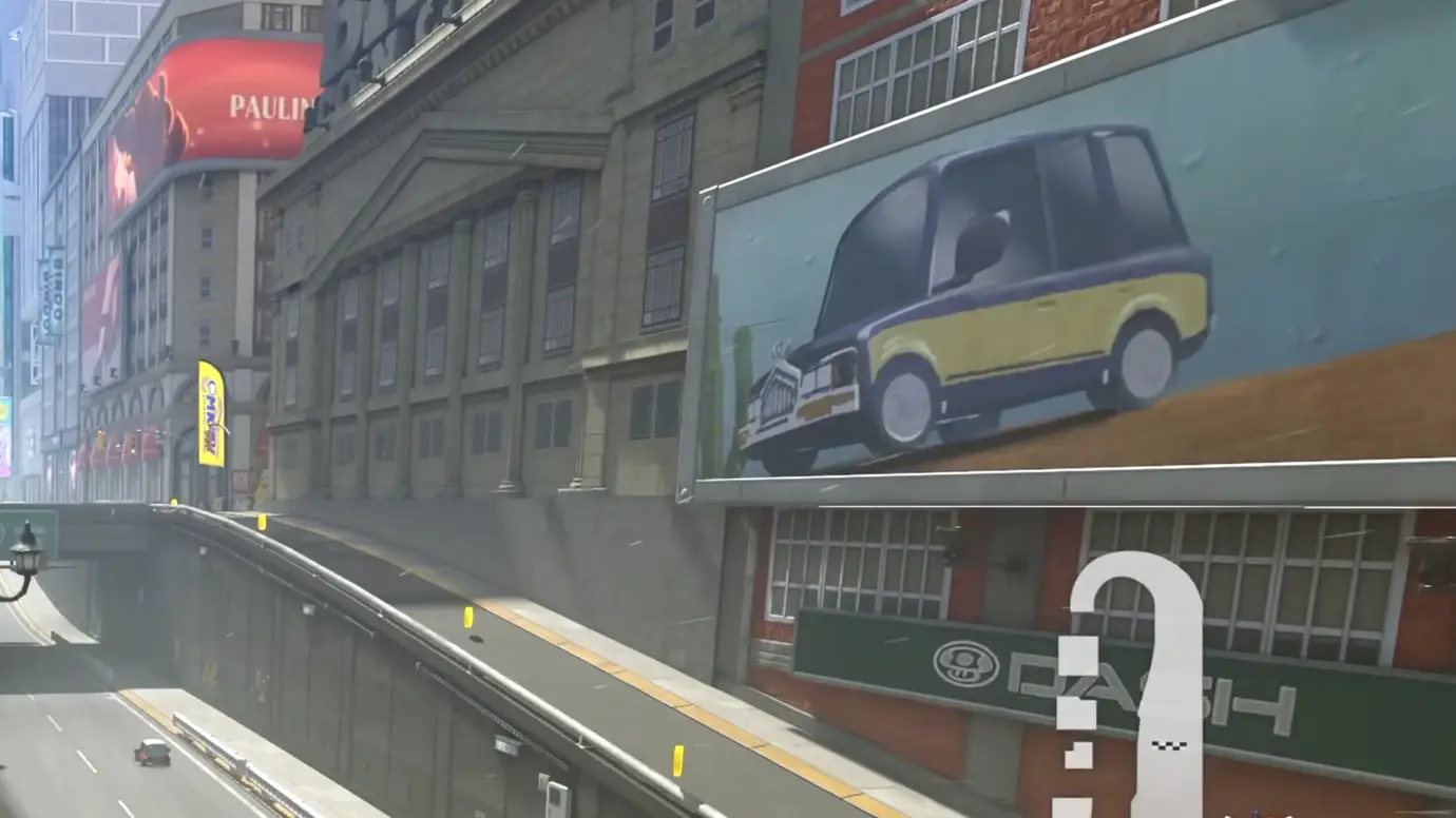 Mario Kart World : PublicitÃ© pour une voiture dans un dÃ©cor urbain.