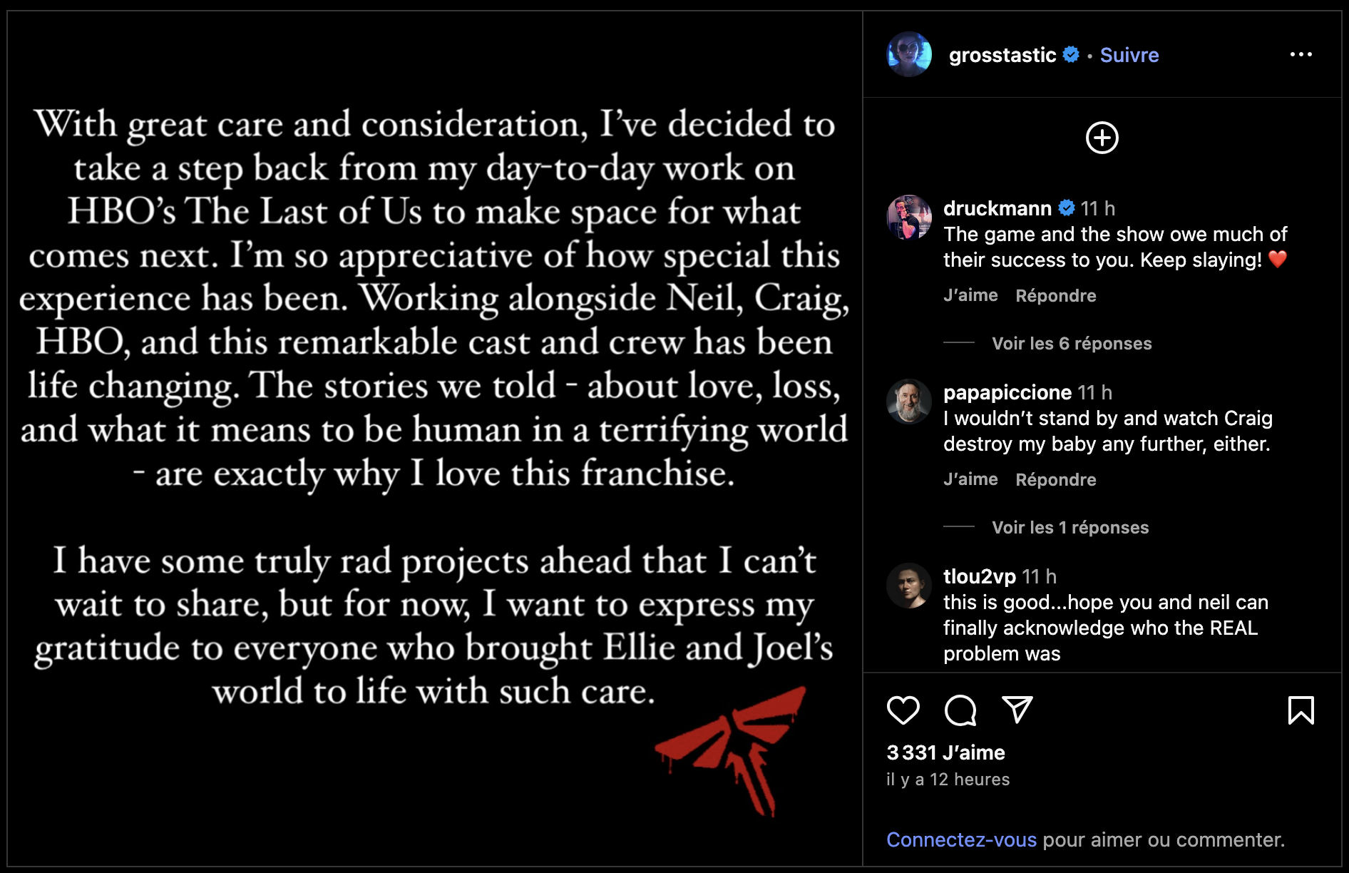 Halley Gross annonce sur Instagram qu'elle quitte la série The Last of Us. Halley Gross annonce sur Instagram qu'elle quitte la série The Last of Us.