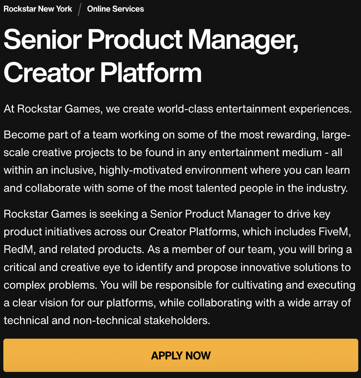 GTA 6 / GTA Online : Offre d'emploi de Rockster pour un poste de Senior Product Manager - Creator Platform.