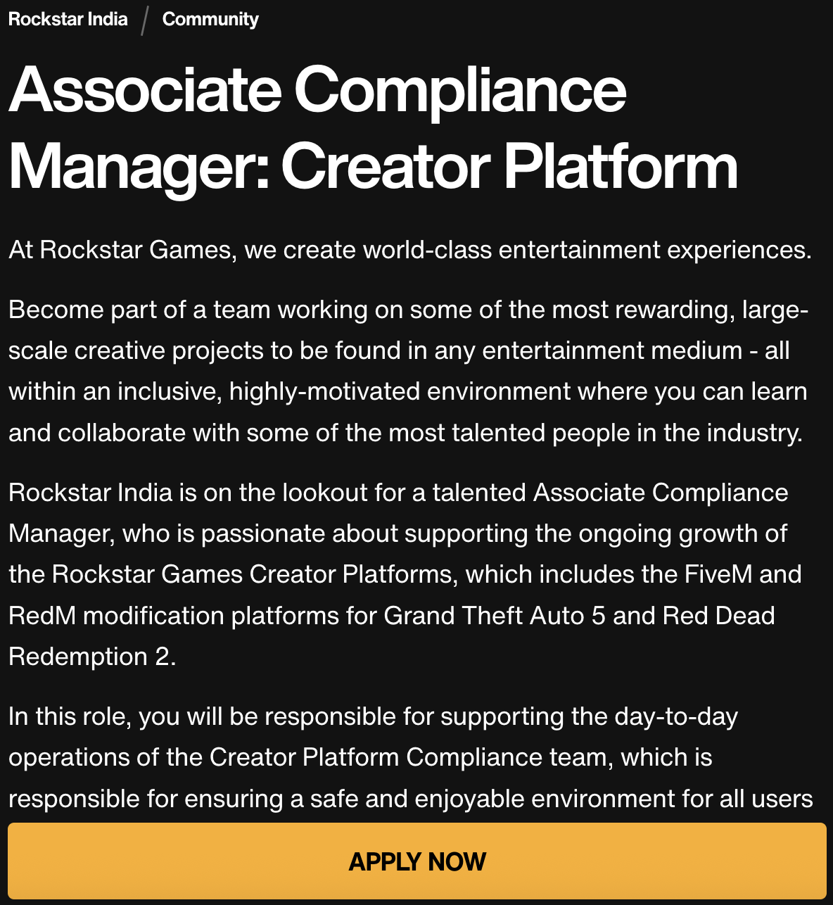 GTA 6 / GTA Online : Offre d'emploi de Rockster pour un poste de Associate Compliance Manager - Creator Platform.