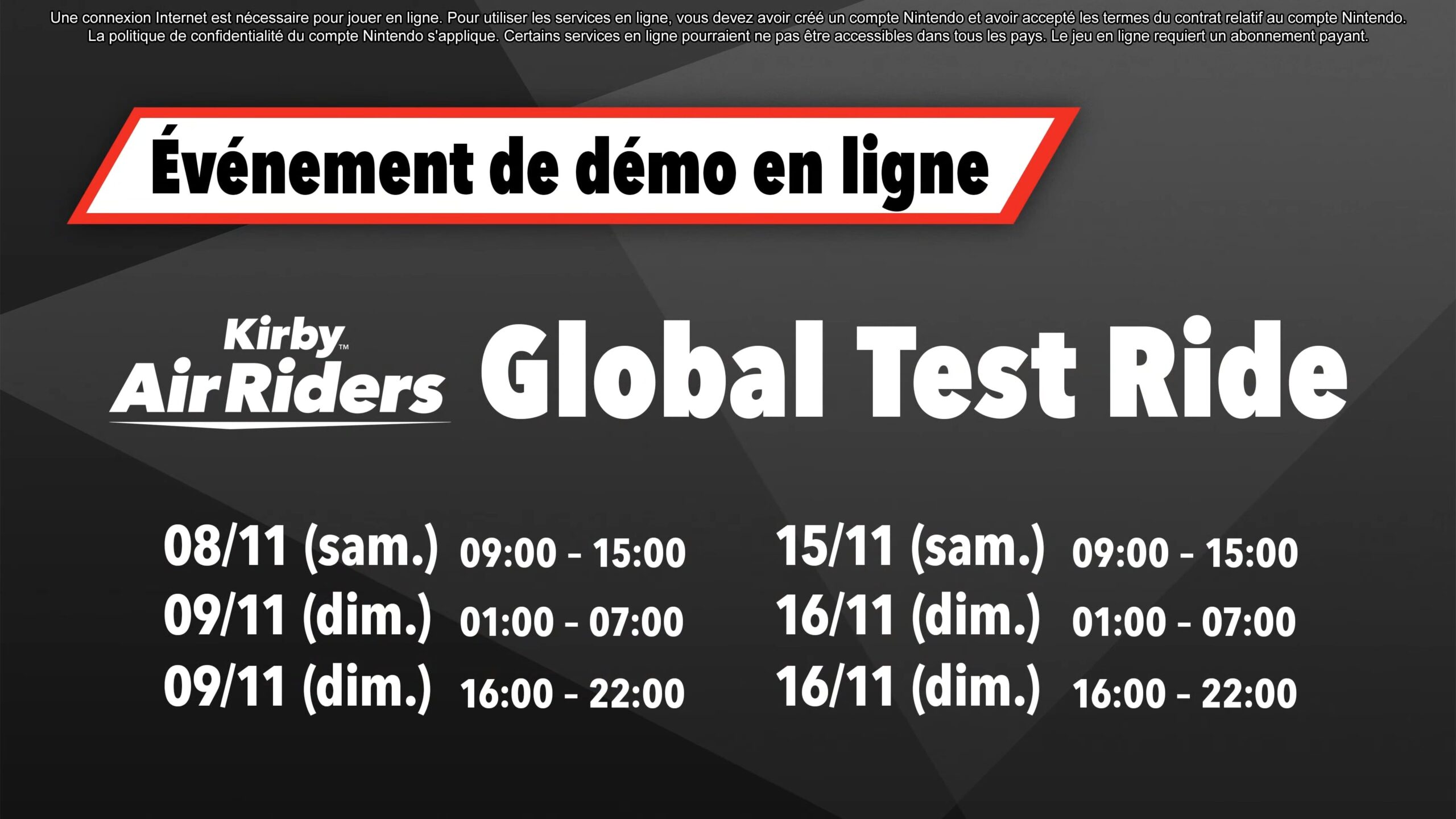 Planning de la dÃ©mo Global Test Ride de Kirby Air Riders.