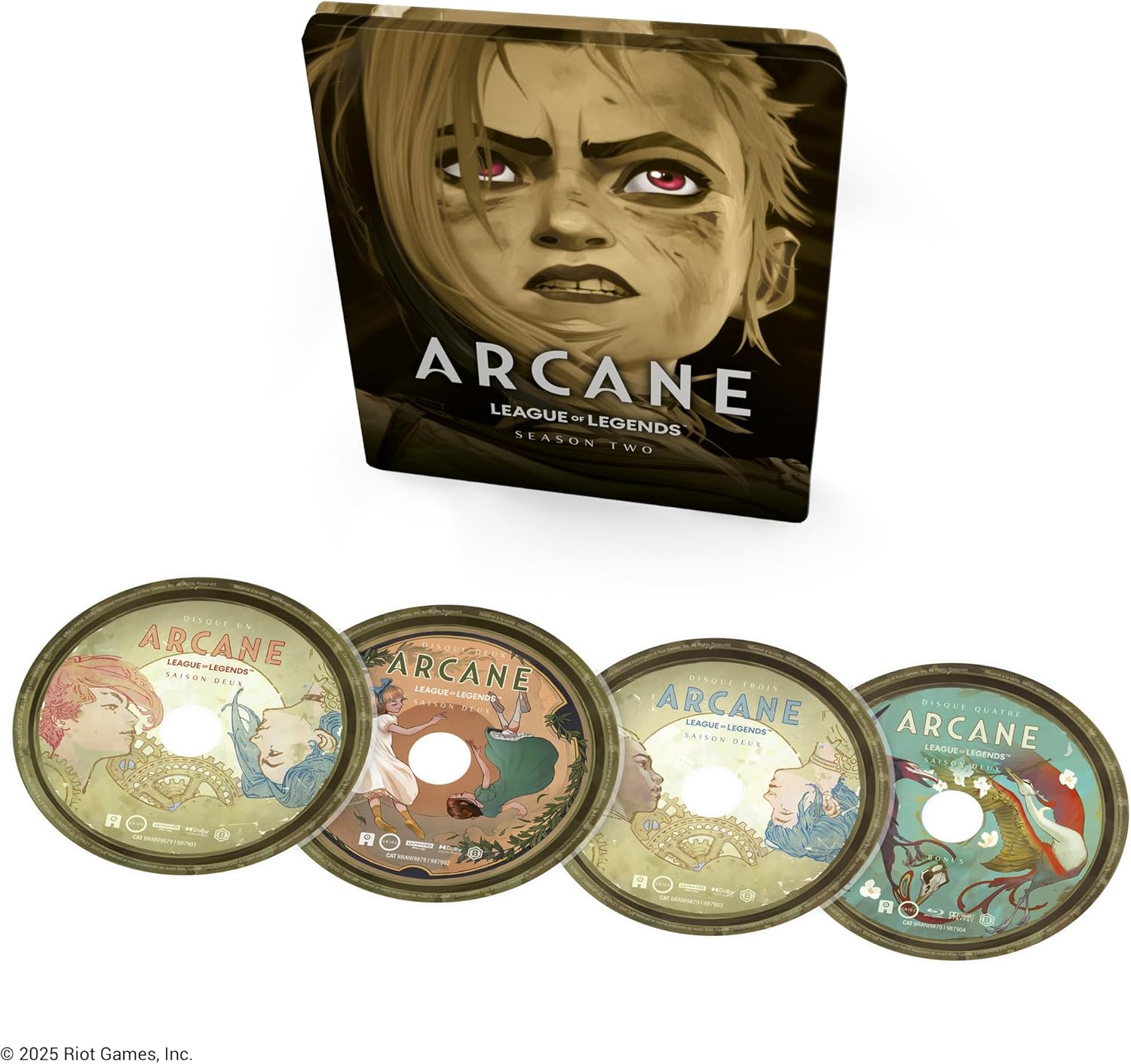Aperçu des quatre disques compris dans le steelbook Blu-Ray 4K de la saison 2 d'Arcane. Aperçu des quatre disques compris dans le steelbook Blu-Ray 4K de la saison 2 d'Arcane.