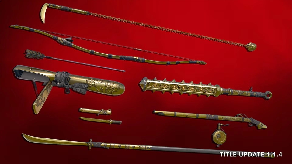 Armes dorÃ©es dÃ©bloquÃ©es dans Assassin's Creed Shadows.