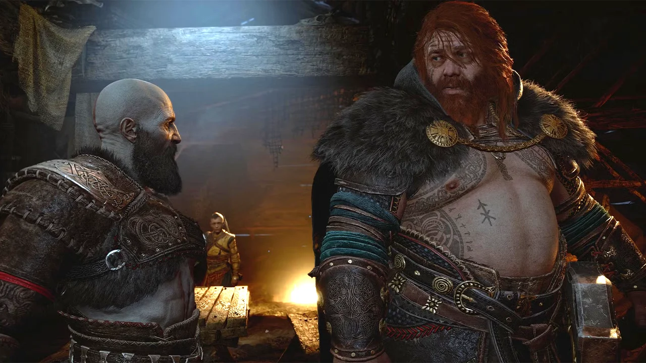 Kratos et Thor discutent dans God of War Ragnarok. Kratos et Thor discutent dans God of War Ragnarok.