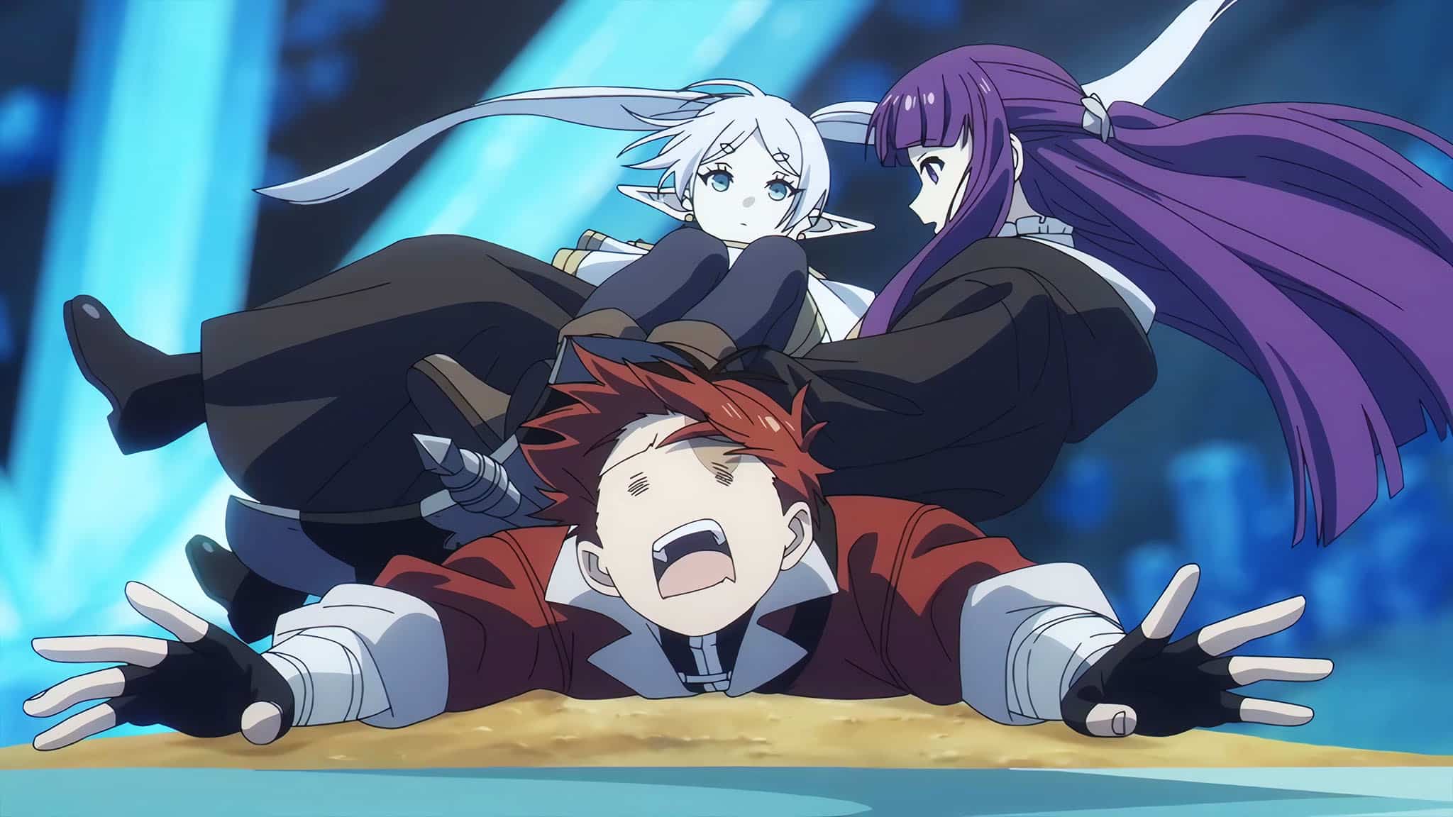 Frieren et Fern tombent littéralement sur Stark dans une grotte. Frieren et Fern tombent littéralement sur Stark dans une grotte.