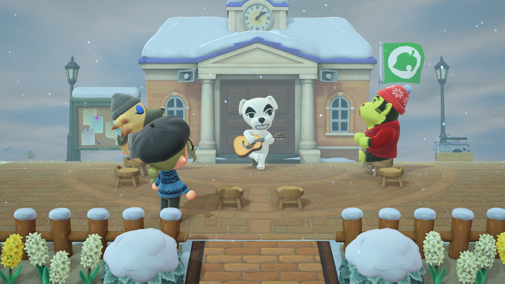 Concert de KÃ©kÃ© Laglisse sous la neige dans Animal Crossing New Horizons.