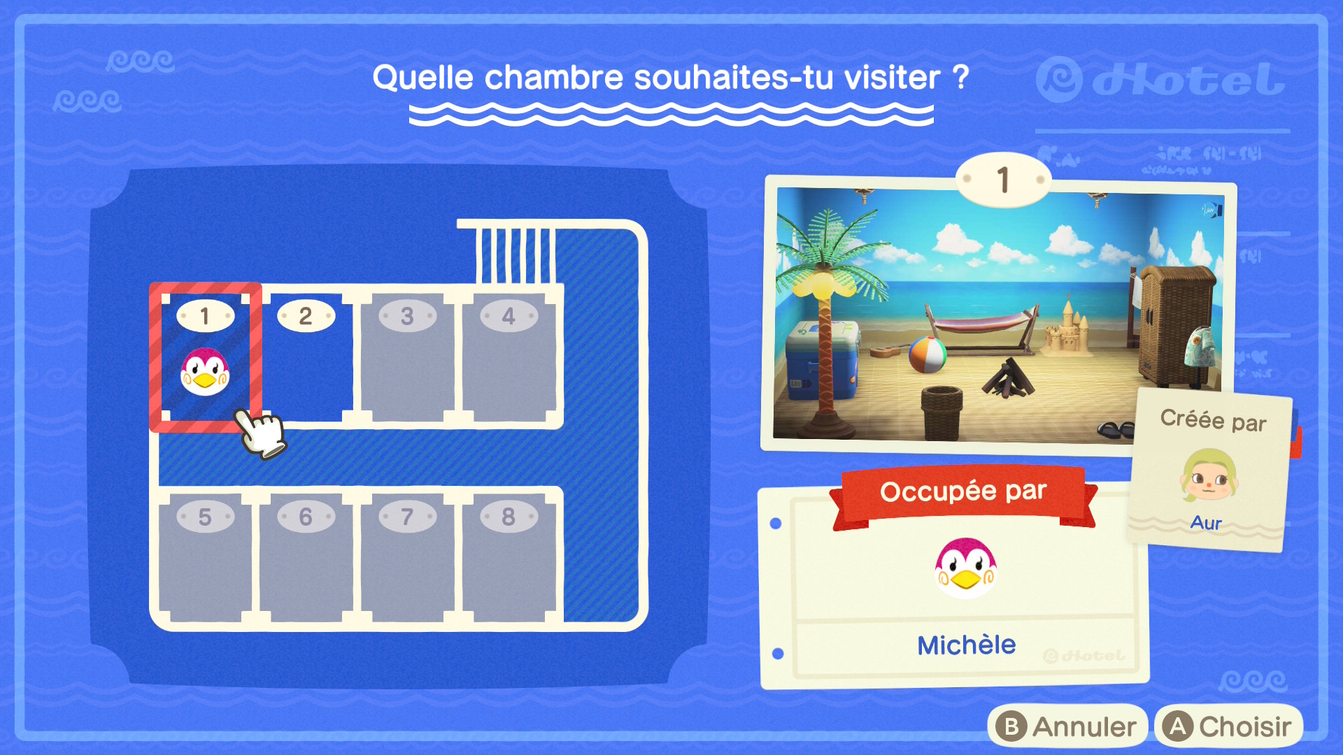 Liste des 8 chambres de l'hÃ´tel d'Animal Crossing New Horizons 3.0.
