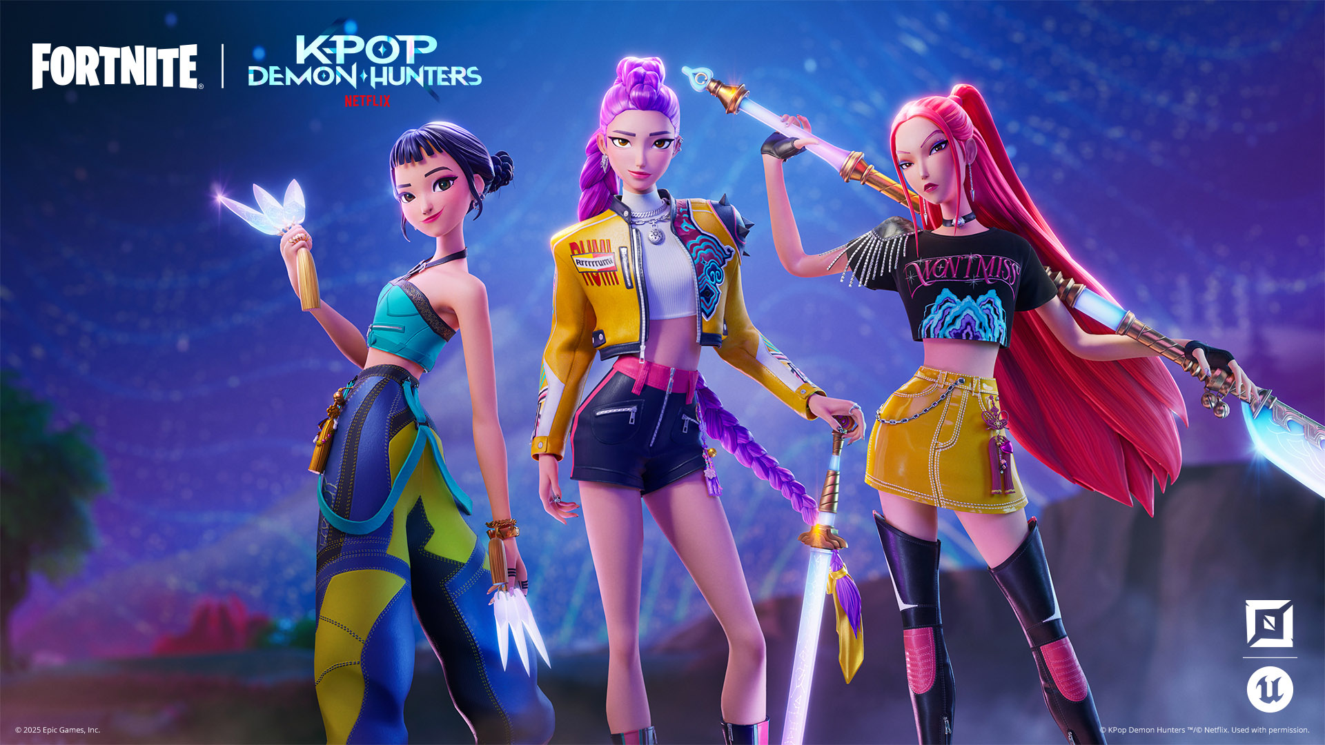 Les hÃ©roÃ¯nes de KPop Demon Hunters dans Fortnite.