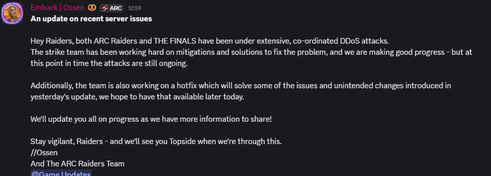 Embark Studios révèle les problème de DDoS sur Arc Raiders. Embark Studios révèle les problème de DDoS sur Arc Raiders.