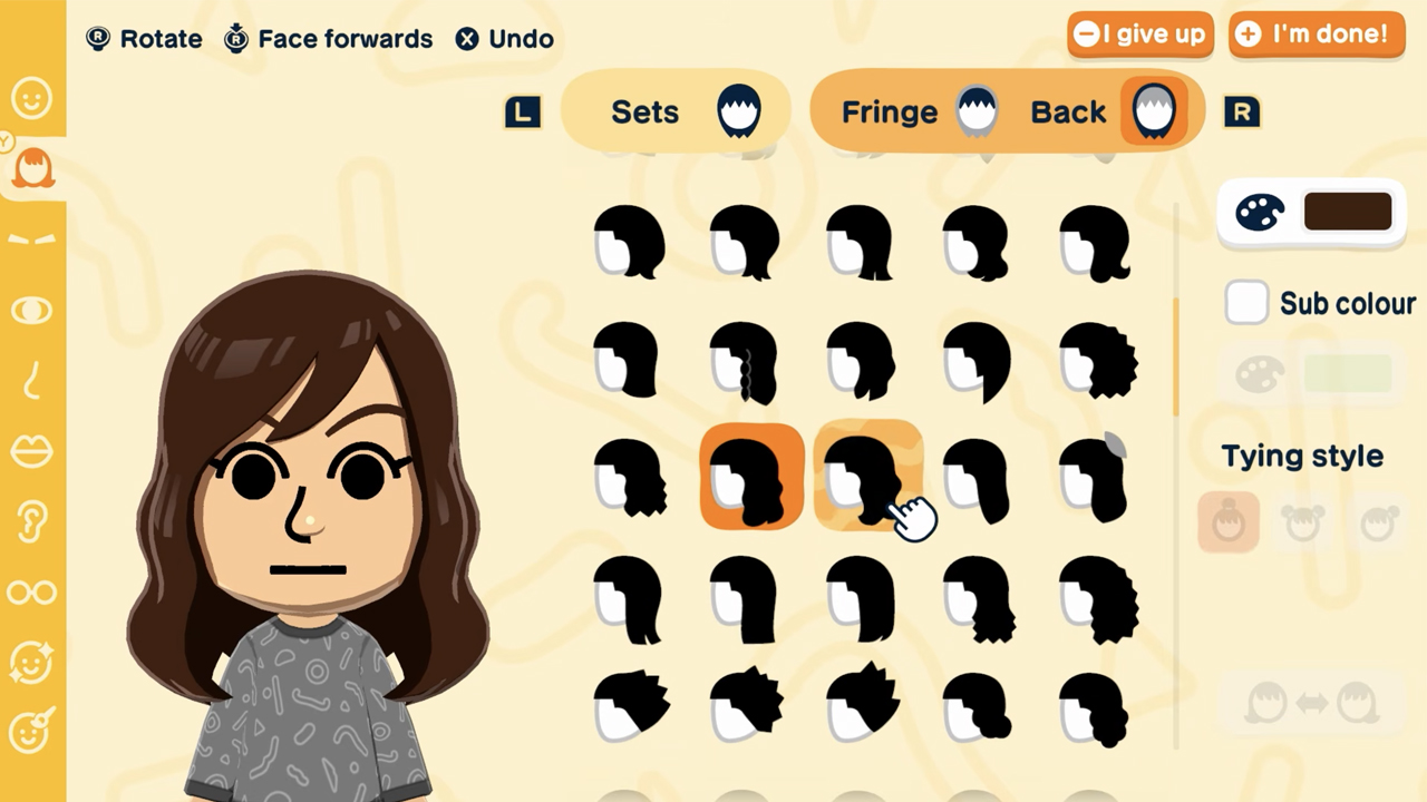 Le menu de crÃ©ation de Mii dans Tomodachi Life sur Nintendo Switch.
