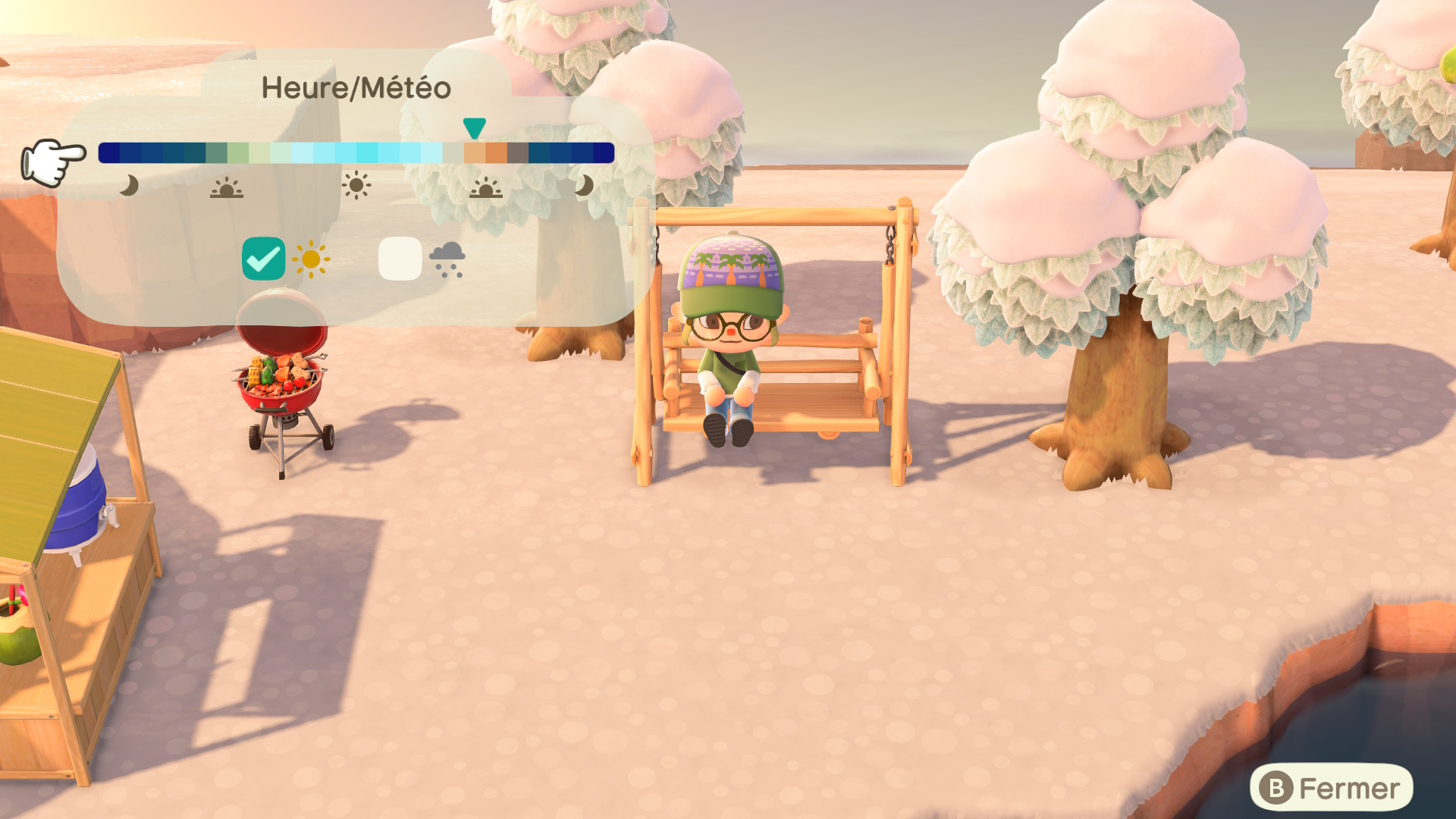 Choix de la mÃ©tÃ©o et de l'heure de la journÃ©e sur votre rÃªver'Ã®le d'Animal Crossing New Horizons.