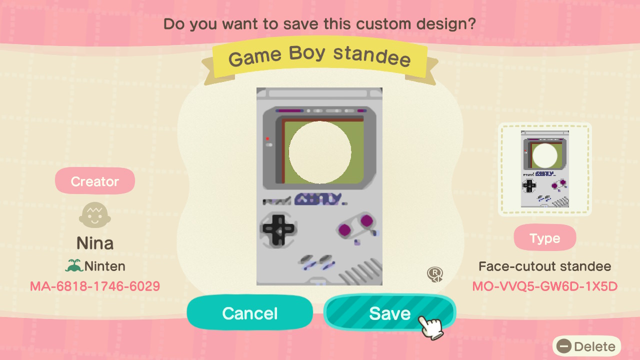 Motif Game Boy standee pour Animal Crossing New Horizons.