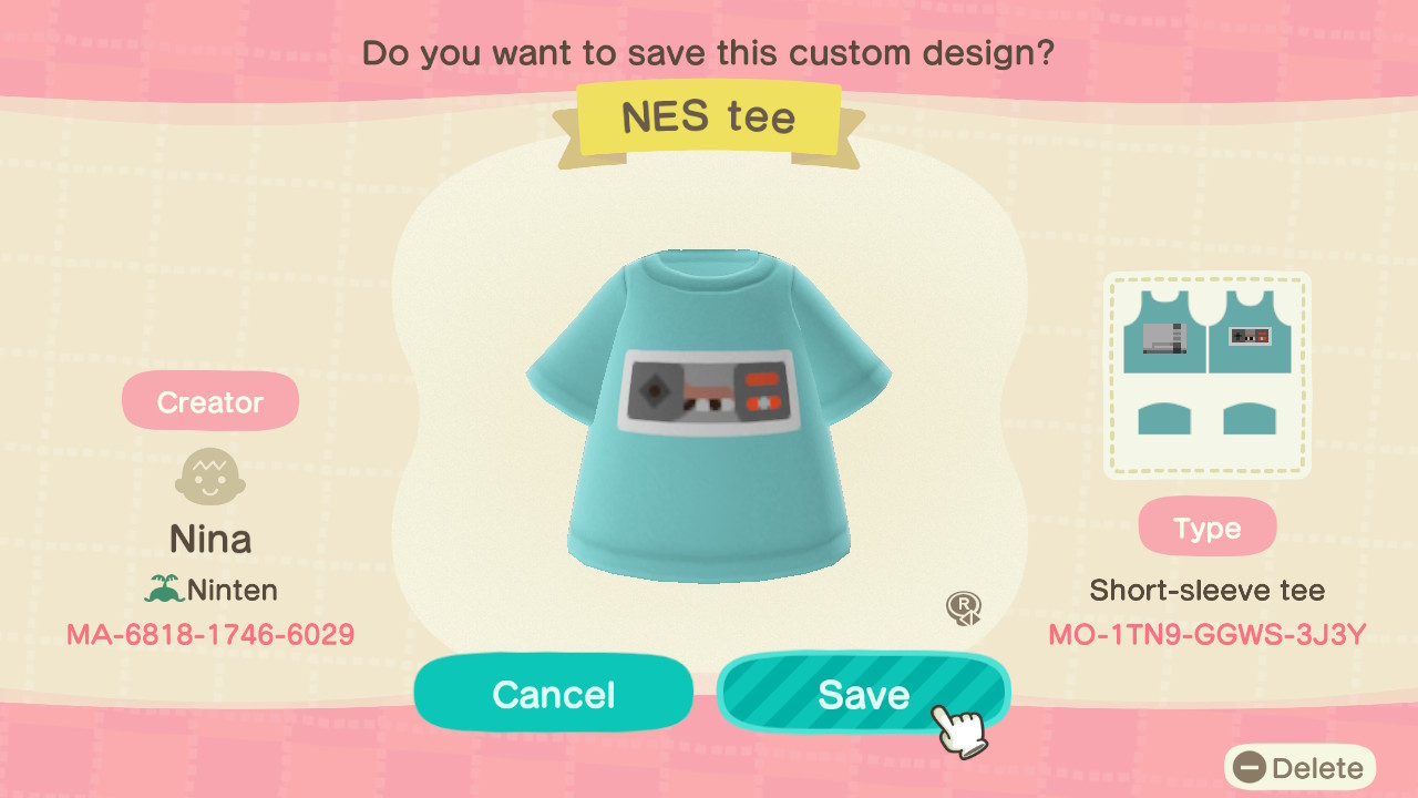 Motif NES tee pour Animal Crossing New Horizons.