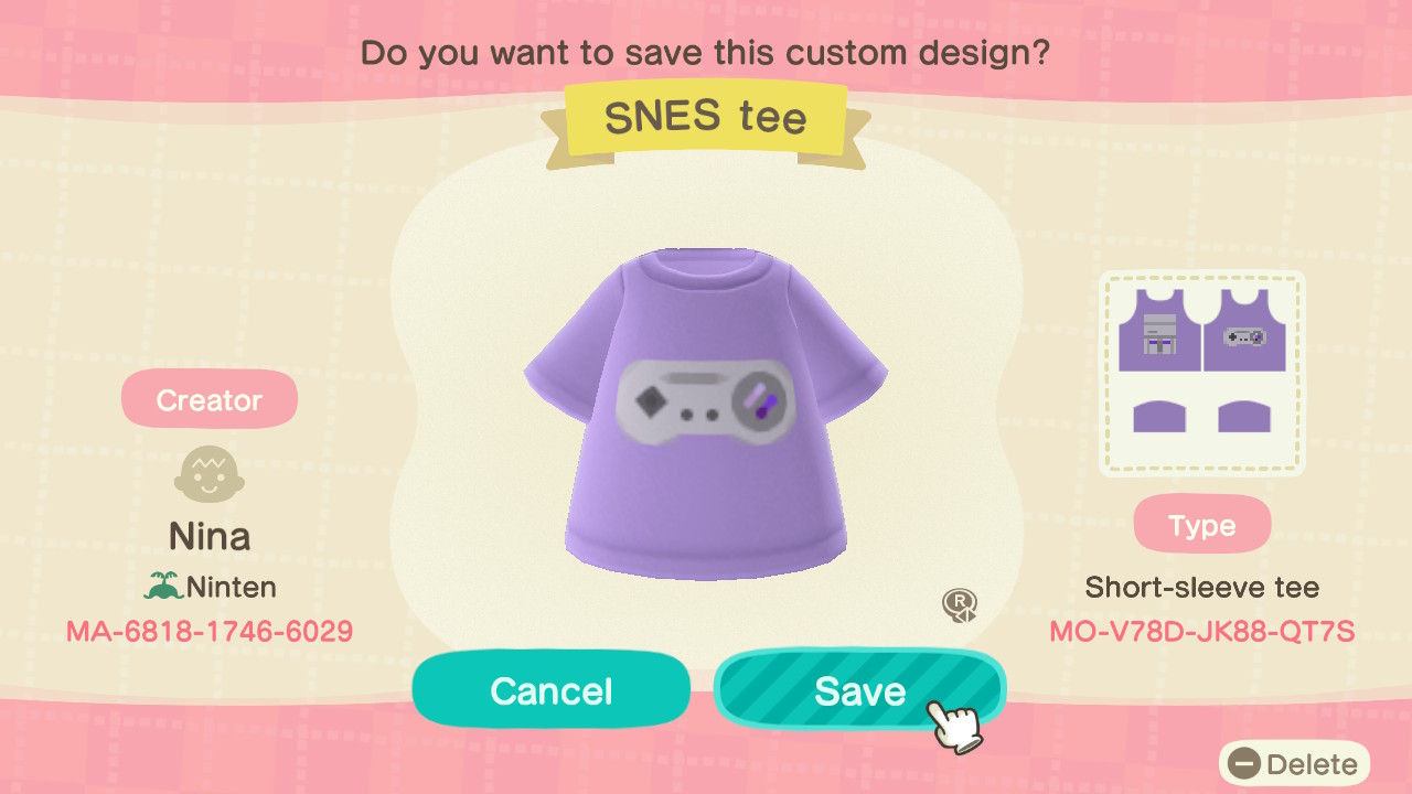 Motif SNES tee pour Animal Crossing New Horizons.