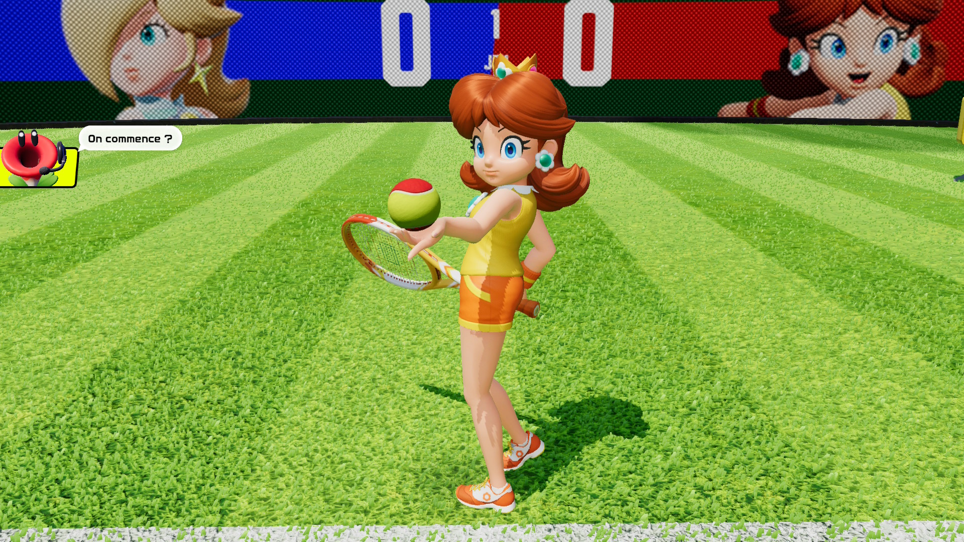 Daisy au service pour un match de Tennis Fever sur Nintendo Switch 2.