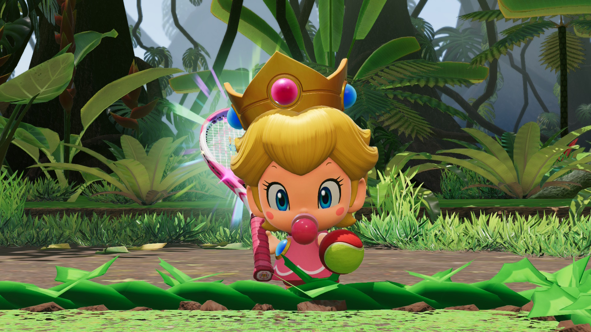 BÃ©bÃ© Peach au service pour un match de Tennis Fever sur Nintendo Switch 2.