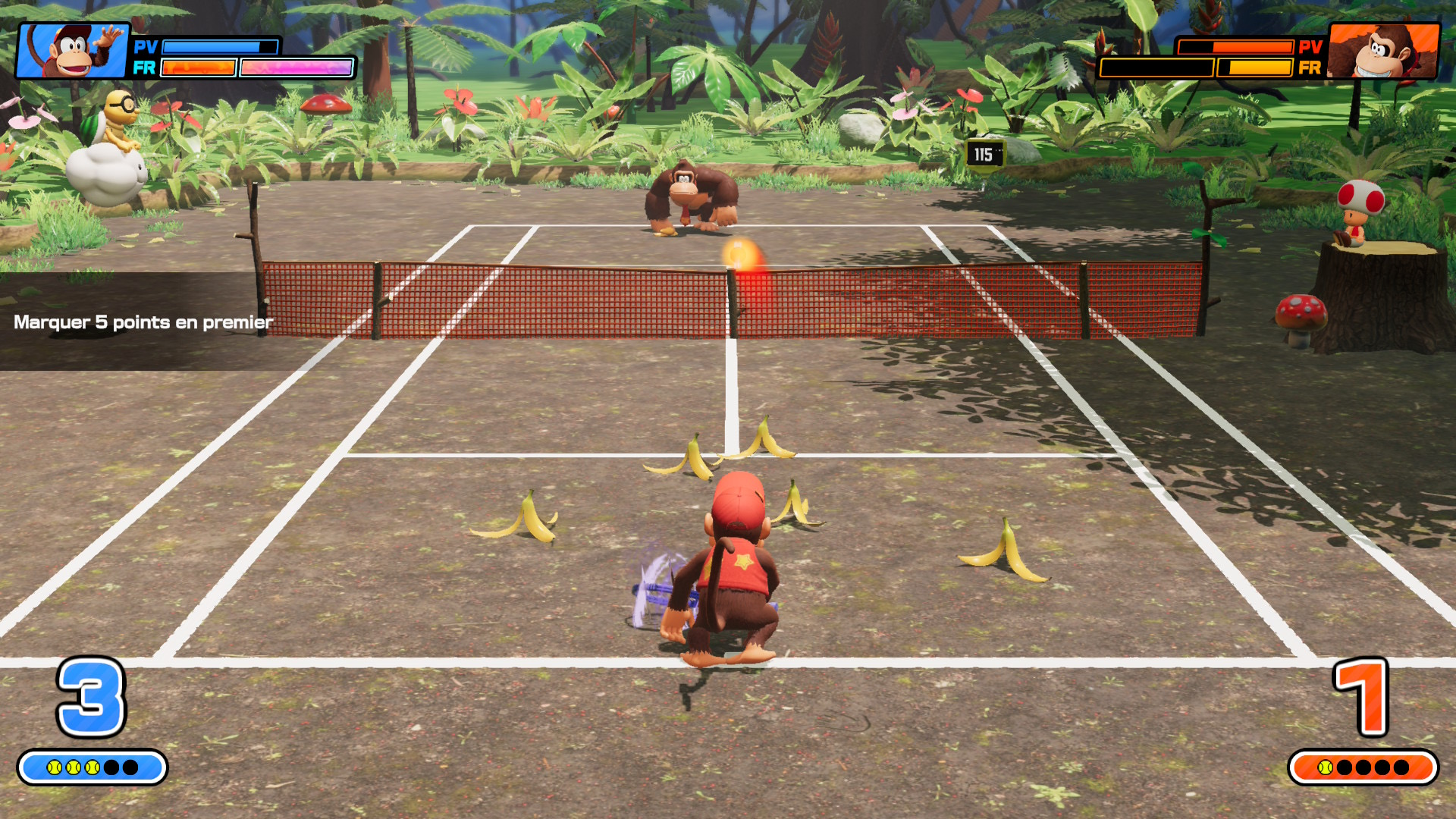 Un match entre Diddy Kong et Donkey Kong dans Mario Tennis Fever. Un match entre Diddy Kong et Donkey Kong dans Mario Tennis Fever.