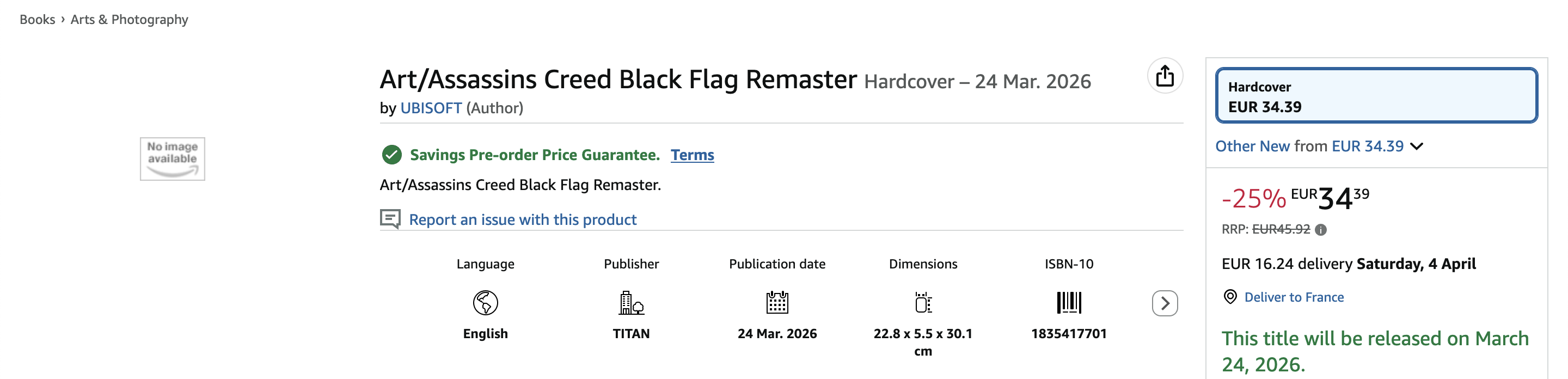 Fiche produit d'un artbook Assassin's Creed Black Flag Remaster sur Amazon UK.