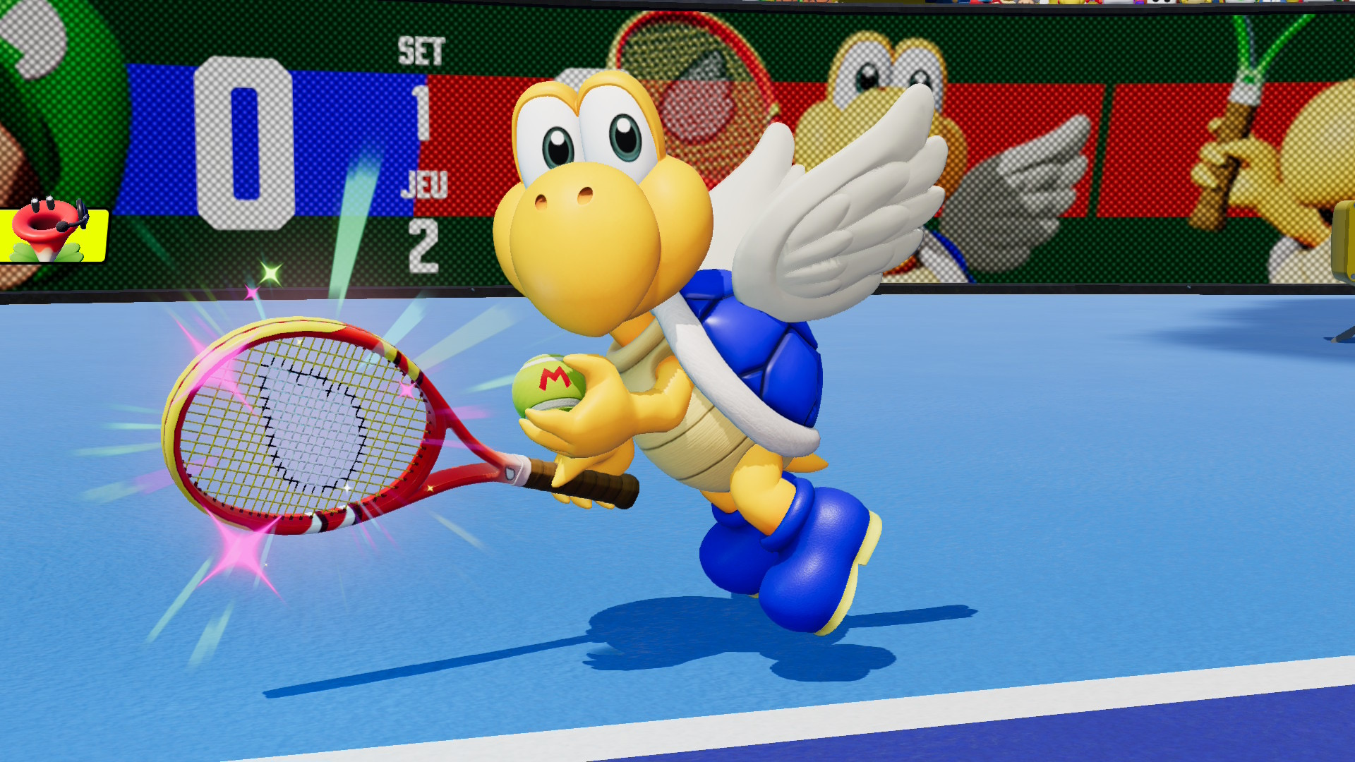 Un Paratroopa bleu au service dans Mario Tennis Fever sur Nintendo Switch 2.
