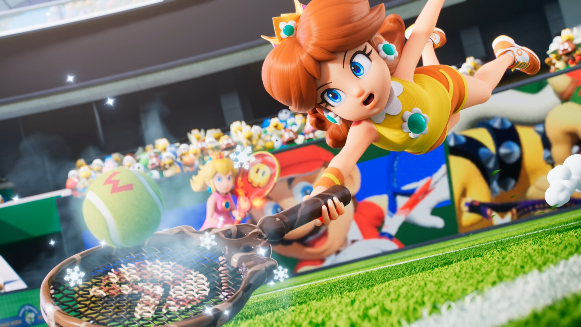 Daisy rattrape la balle avec sa raquette frÃ©nÃ©tique dans Mario Tennis Fever.