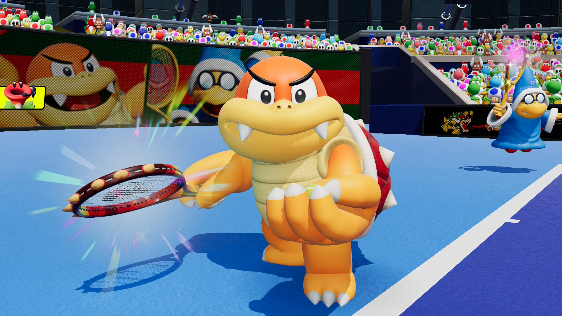 Boum Boum au service en double avec Kamek dans Tennis Fever sur Nintendo Switch 2. Boum Boum au service en double avec Kamek dans Tennis Fever sur Nintendo Switch 2.