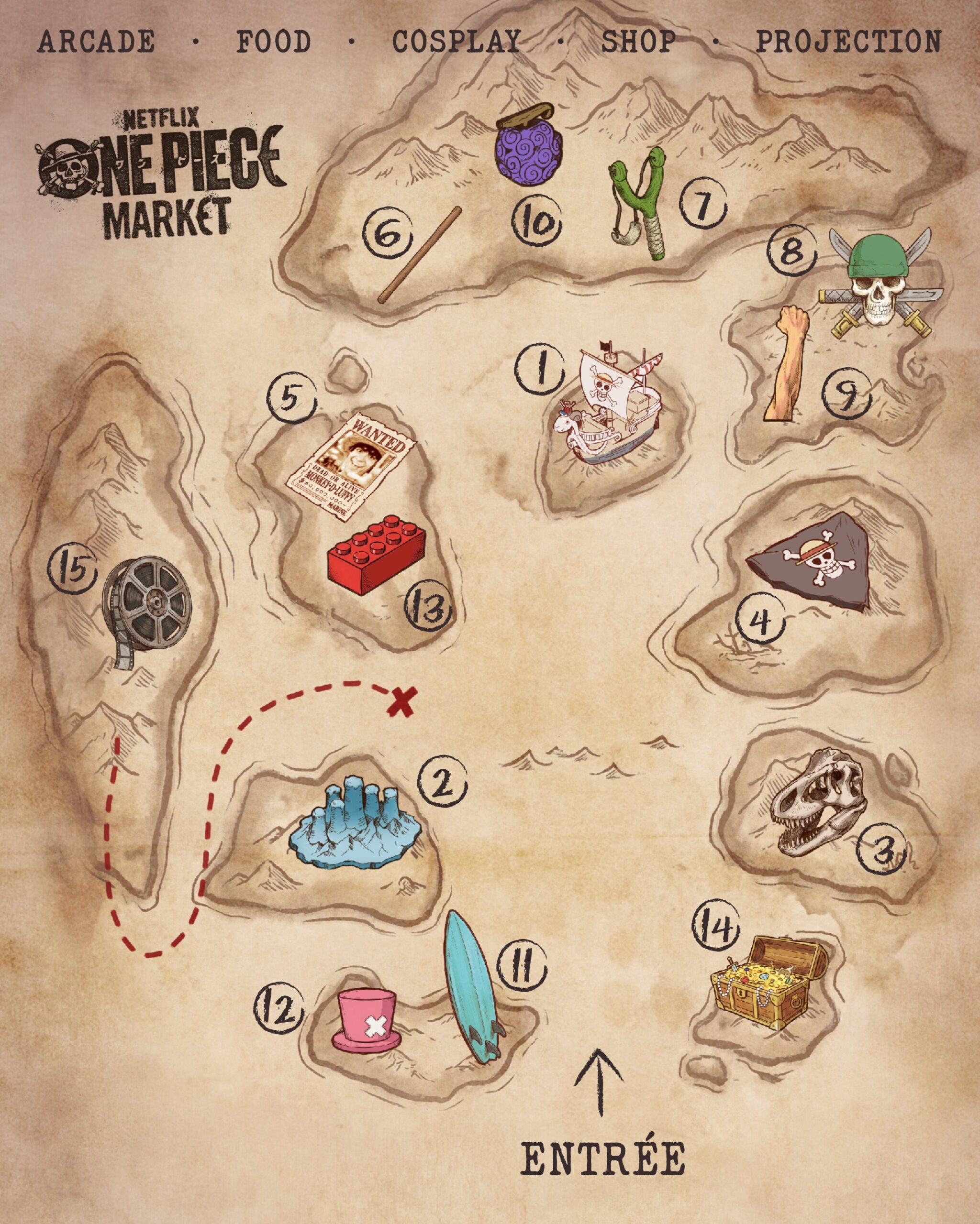 Plan des liÃ©s Ã  visiter pendant l'Ã©vÃ©nement One Piece Market.