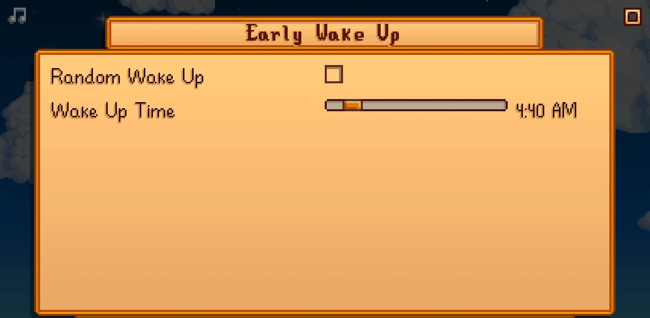 Menu du mod EarlyWakeUp dans Stardew Valley sur PC.