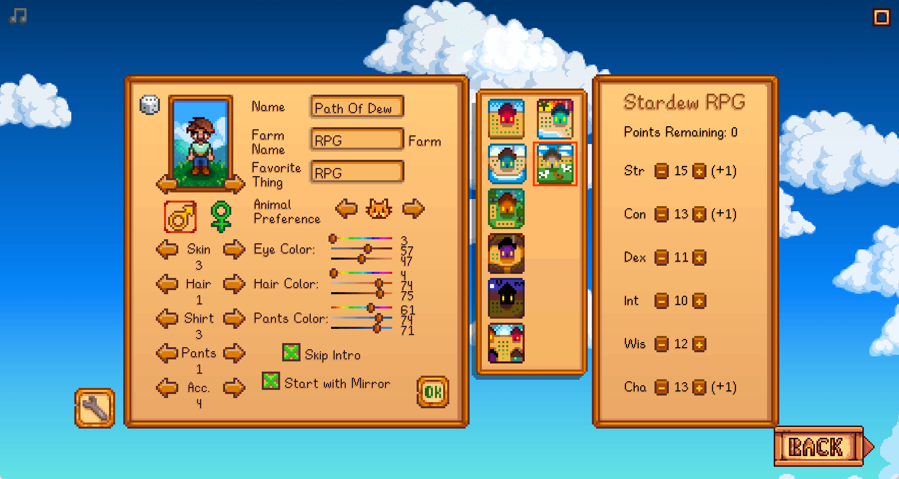 Menu de crÃ©ation de personnage dans le mod Path of Dew.