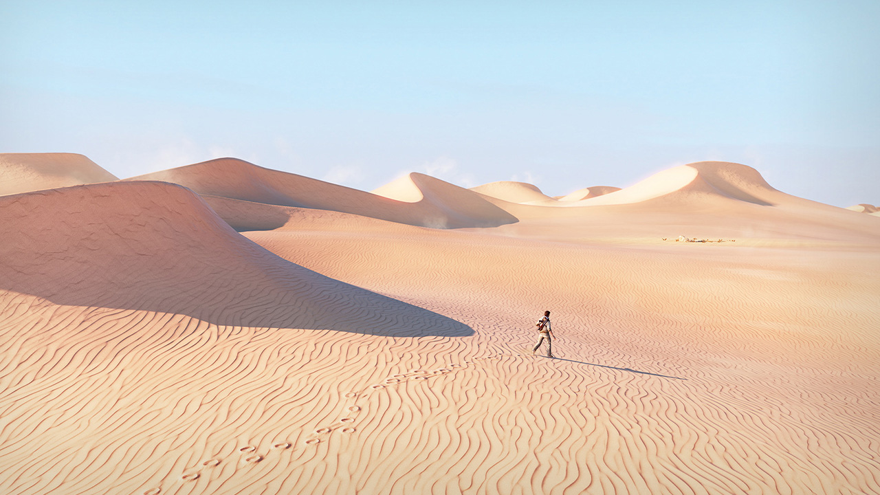 Nathan Drake dans le dÃ©sert d'Uncharted 3.