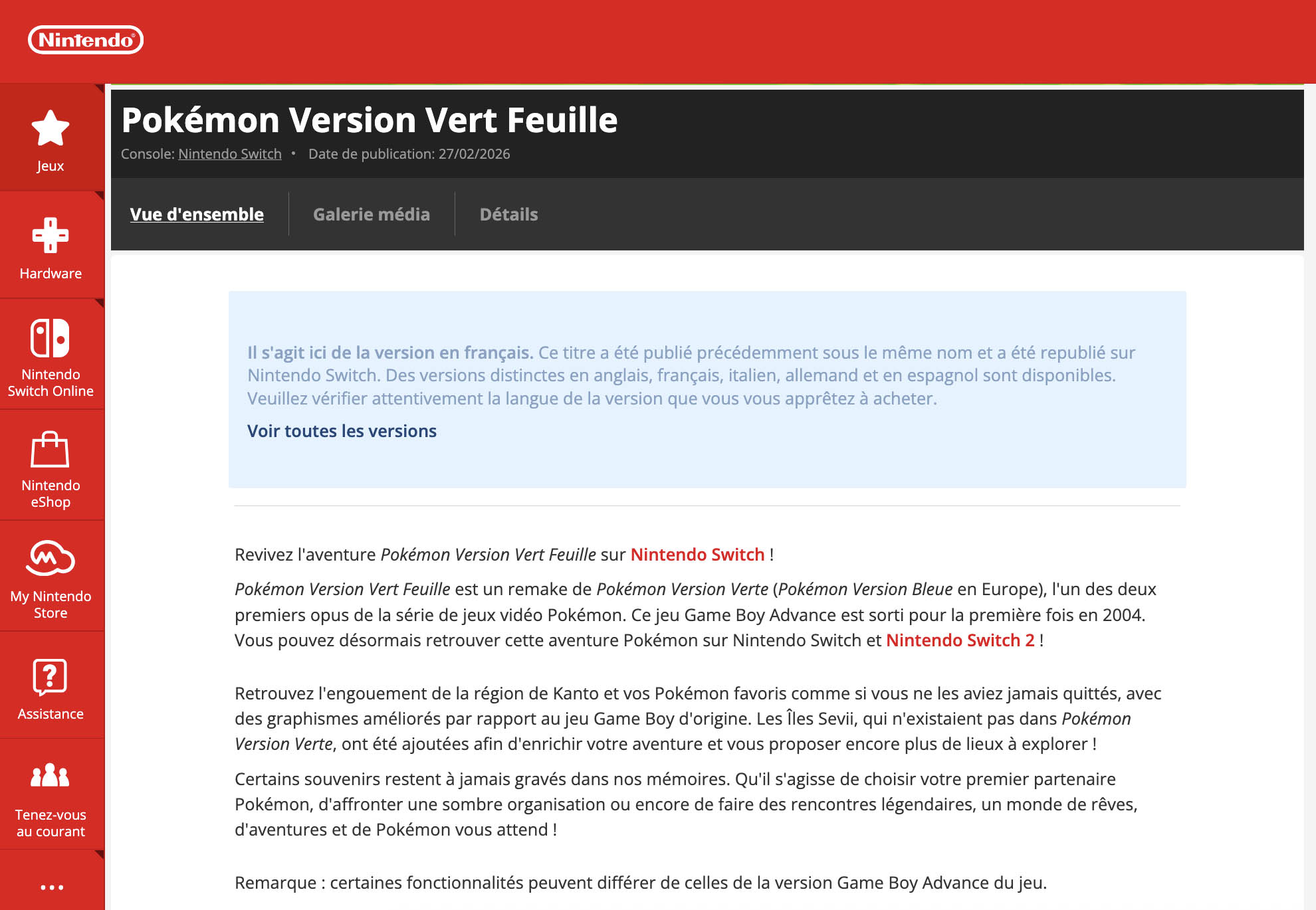 Page eShop de Pokemon Vert Feuille sur Nintendo Switch. Page eShop de Pokemon Vert Feuille sur Nintendo Switch.