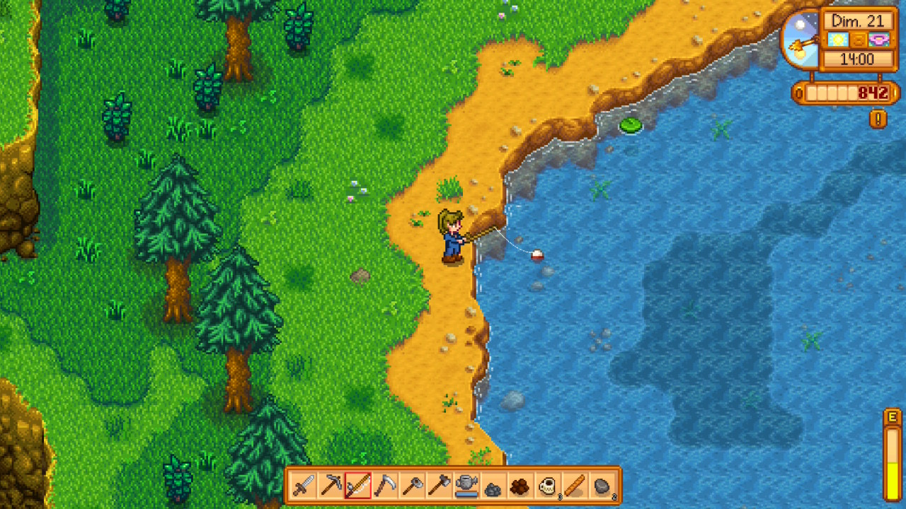 Pêcher dans une forêt de Stardew Valley. Pêcher dans une forêt de Stardew Valley.