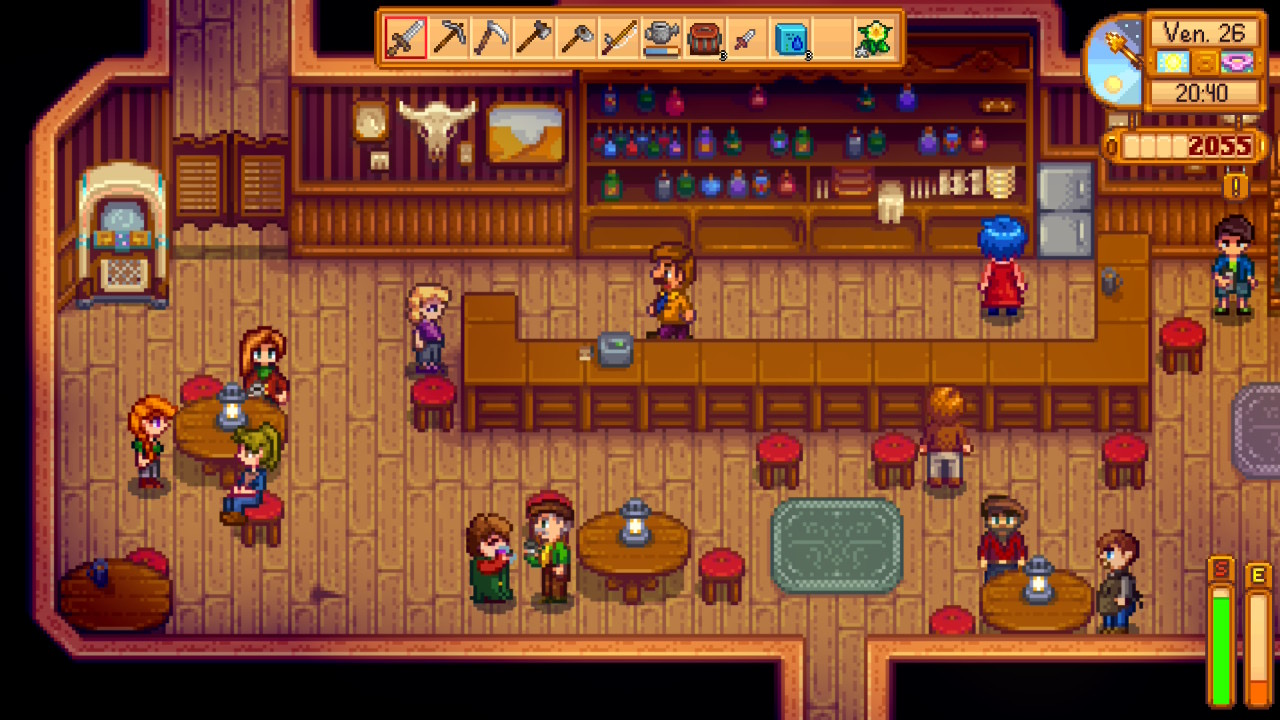 Le saloon de Stardew Valley est bondé le vendredi. Le saloon de Stardew Valley est bondé le vendredi.