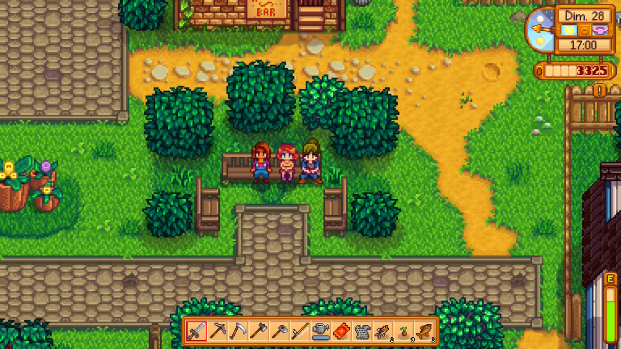 Maru et Penny assises sur un banc de PÃ©lican Ville dans Stardew Valley.
