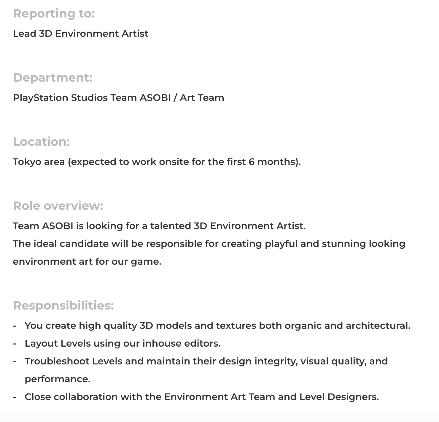 Team Asobi recrutement Lead 3D Environment Artist pour une nouvelle exclu PS5.
