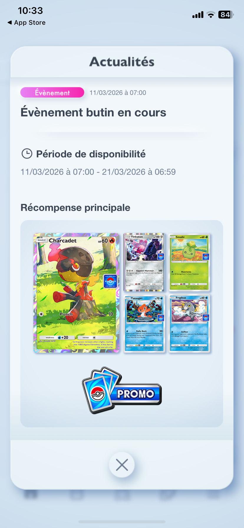 Evenement Butin Charbambin dans Pokemon Pocket.