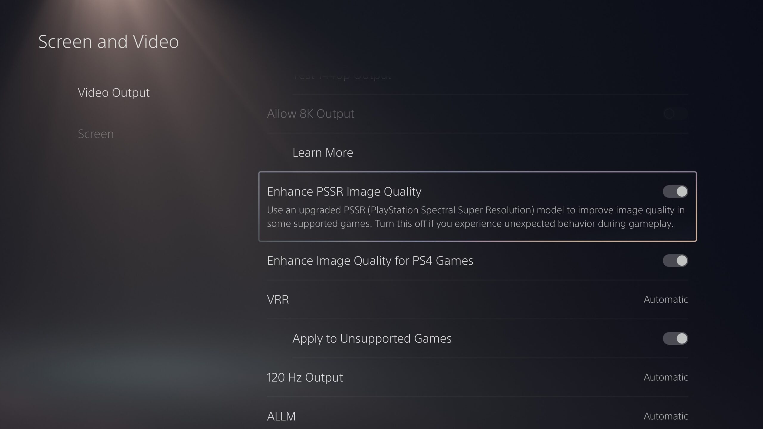 Menu pour activer le PSSR 2 sur PlayStation 5 Pro. Menu pour activer le PSSR 2 sur PlayStation 5 Pro.