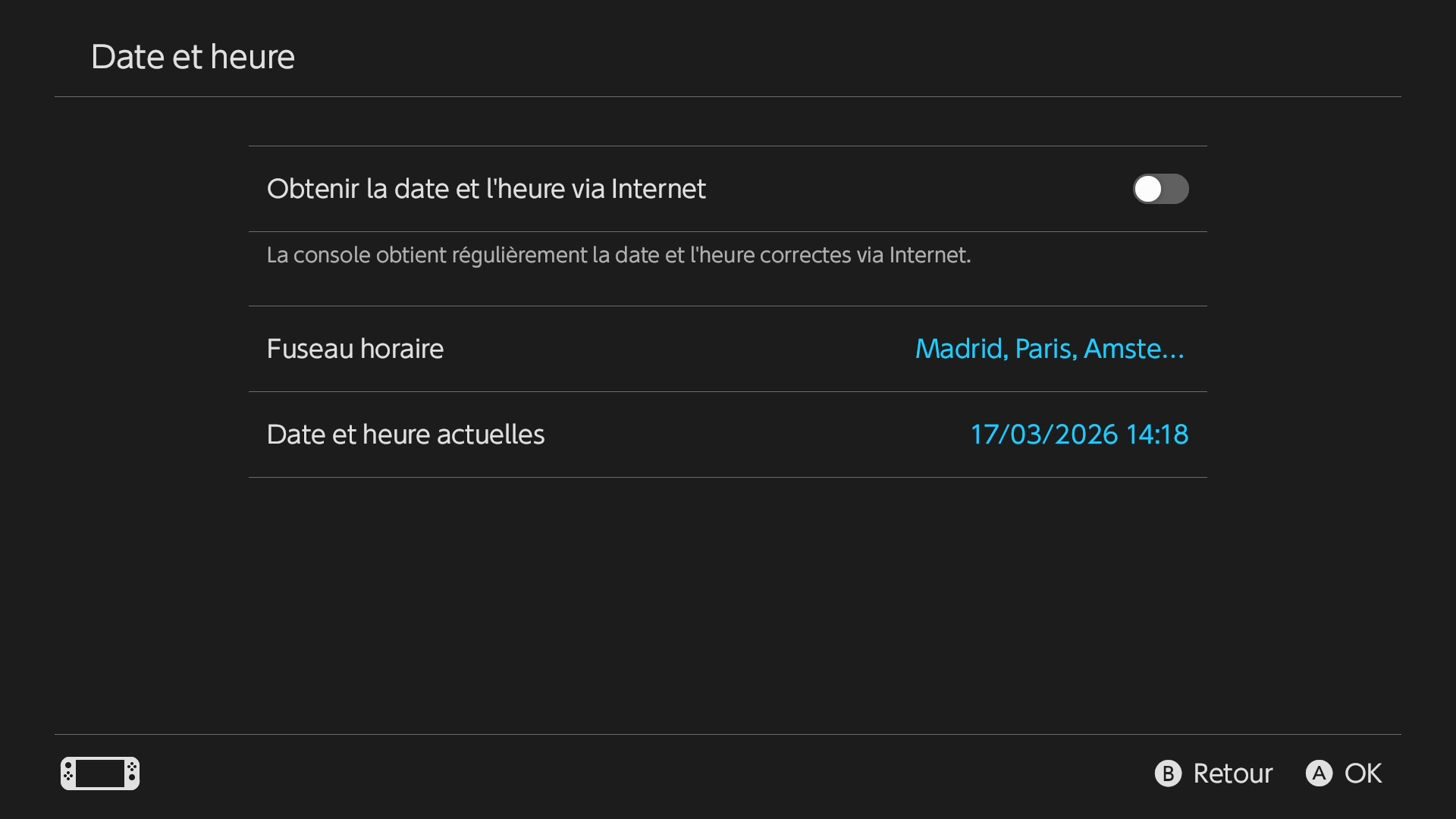 Menu Date et heure de la Nintendo Switch 2.