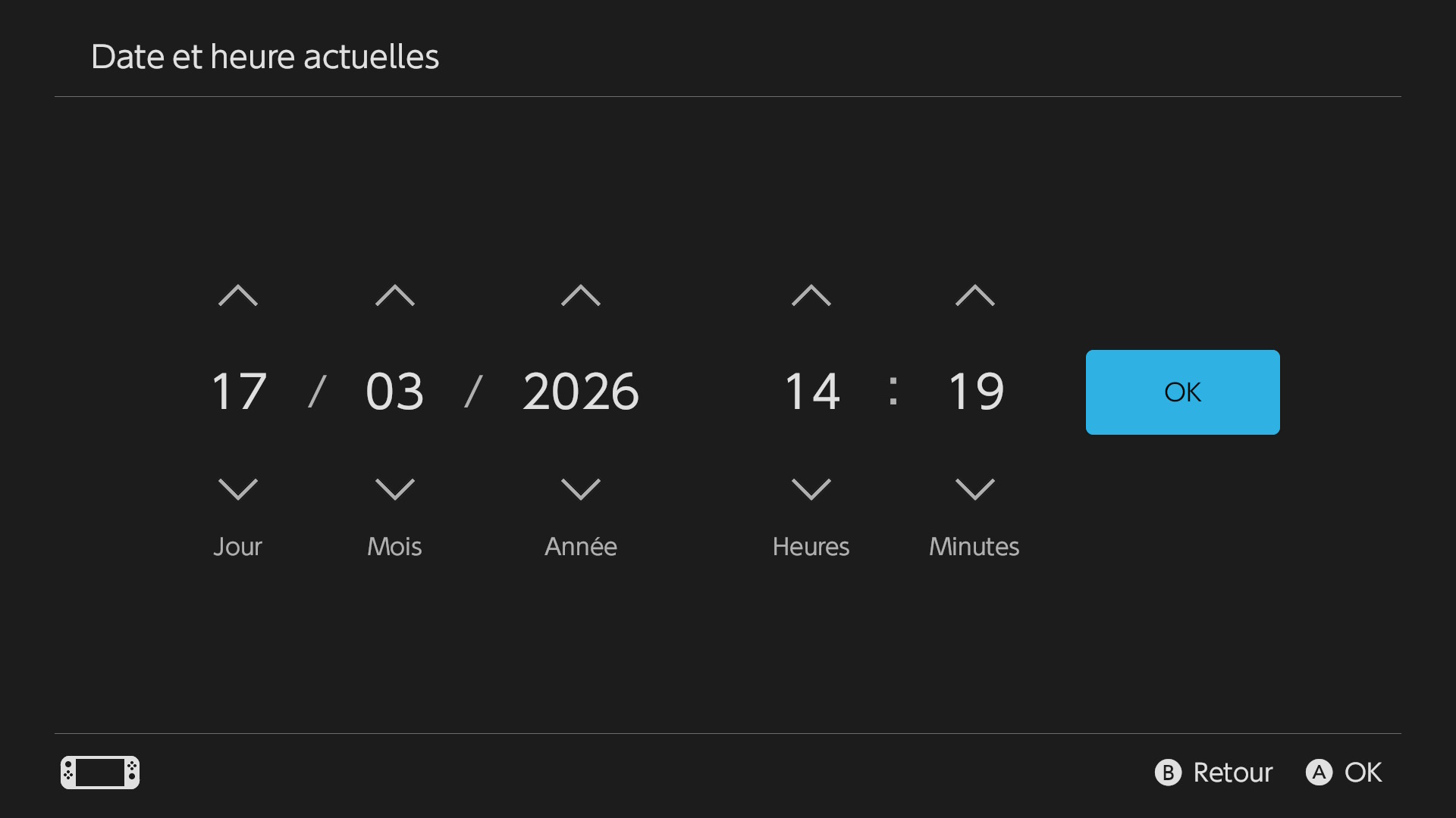 Menu Date et heure actuelles de la Nintendo Switch 2. Menu Date et heure actuelles de la Nintendo Switch 2.