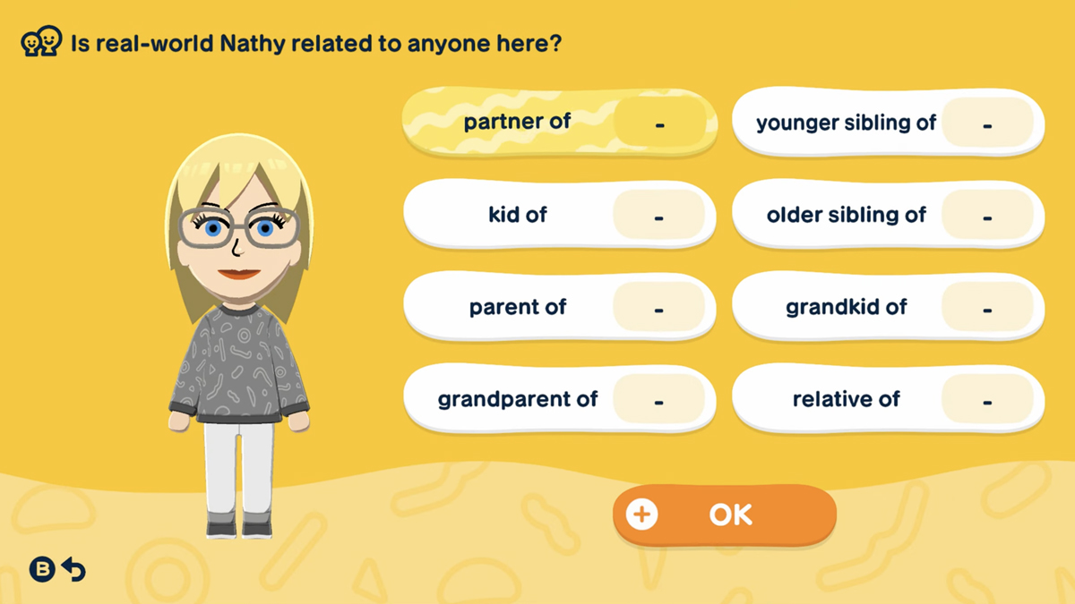 Choix des relations des Mii dans Tomodachi Life sur Nintendo Switch. Choix des relations des Mii dans Tomodachi Life sur Nintendo Switch.