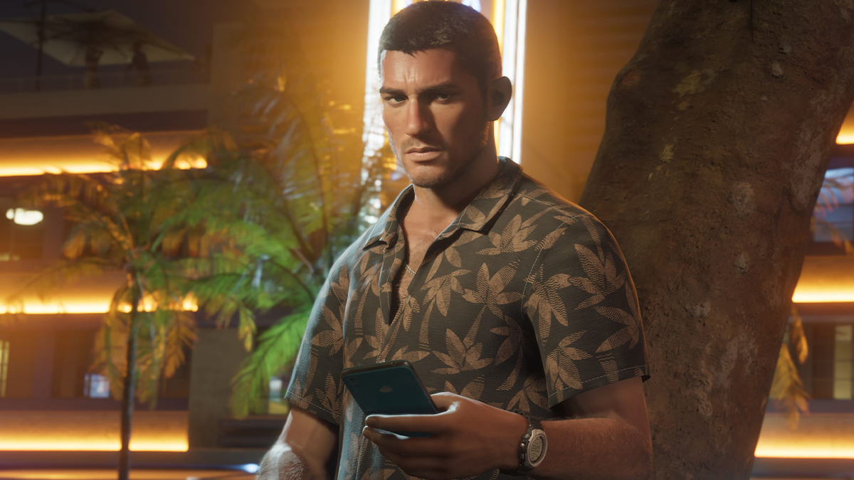 Artwork de Jason de GTA 6, téléphone à la main de nuit dans la ville. Artwork de Jason de GTA 6, téléphone à la main de nuit dans la ville.