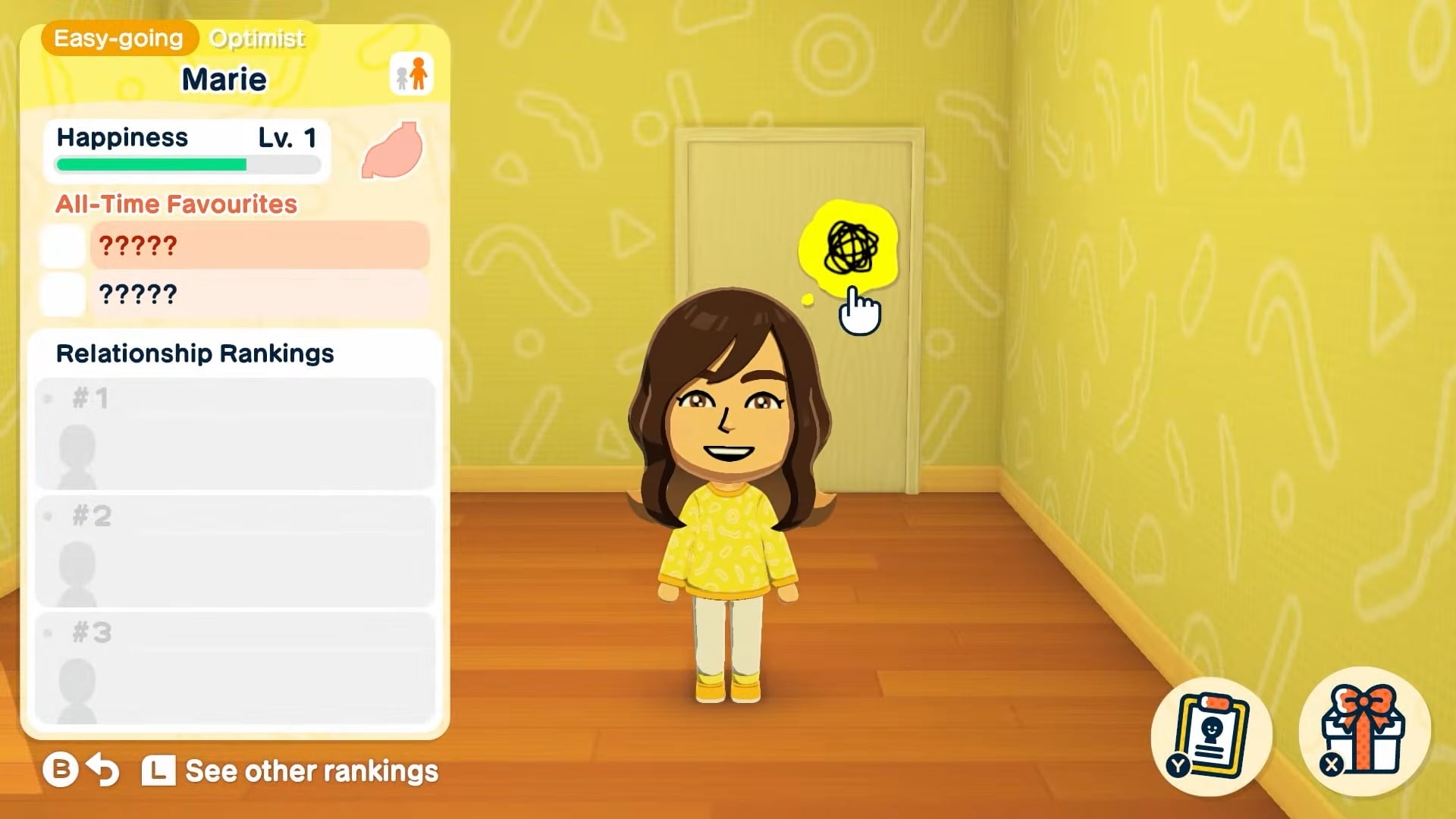 Tomodachi Life une vie de rêve signale certains soucis des Mii avec une bulle de gribouillis jaune. Tomodachi Life une vie de rêve signale certains soucis des Mii avec une bulle de gribouillis jaune.