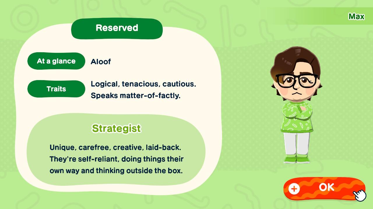 PersonnalirÃ© rÃ©servÃ© et patient dans Tomodachi Life sur Nintendo Switch.