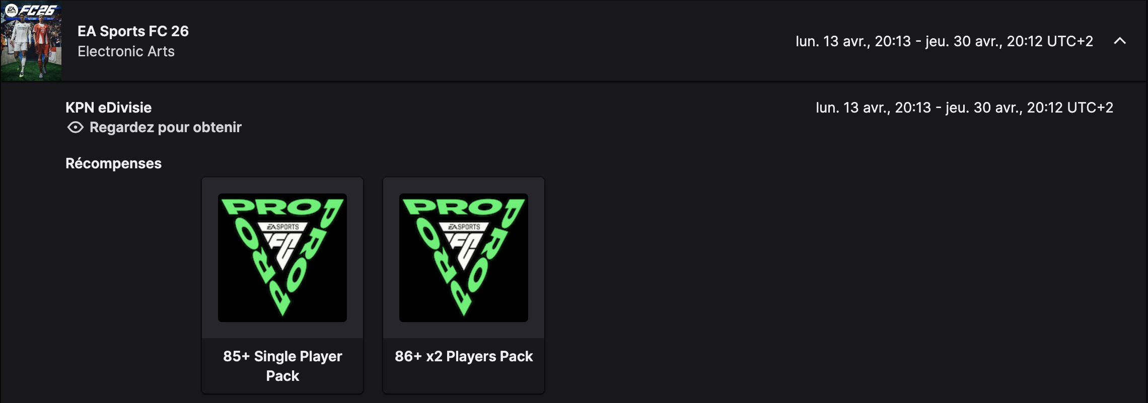 EA FC 26 propose une campagne de Twitch drops en avril 2026. EA FC 26 propose une campagne de Twitch drops en avril 2026.