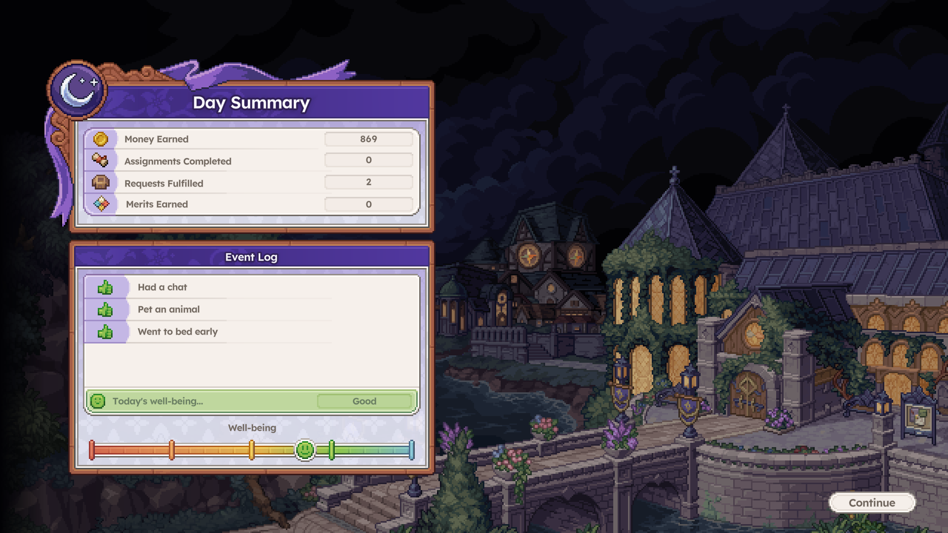 Comme dans Stardew Valley, WitchBrook propose un rÃ©sumÃ© aprÃ¨s chaque journÃ©e.