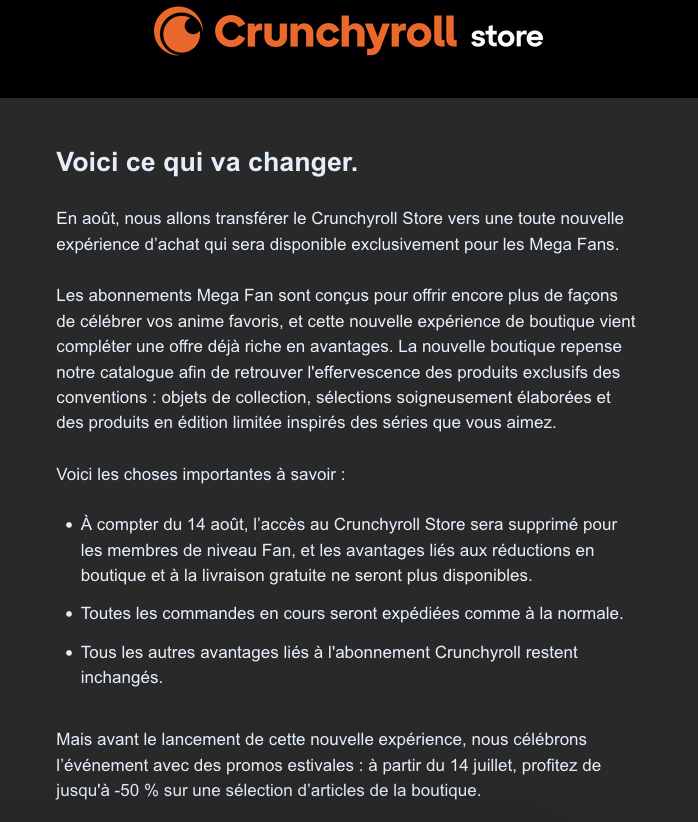 Crunchyroll Store supprime l'accès aux abonnés fan. Crunchyroll Store supprime l'accès aux abonnés fan.